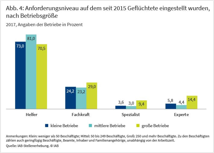 Abbildung 4: Anforderungsniveau auf dem seit 2015 Geflüchtete eingestellt wurden, nach Betriebsgröße