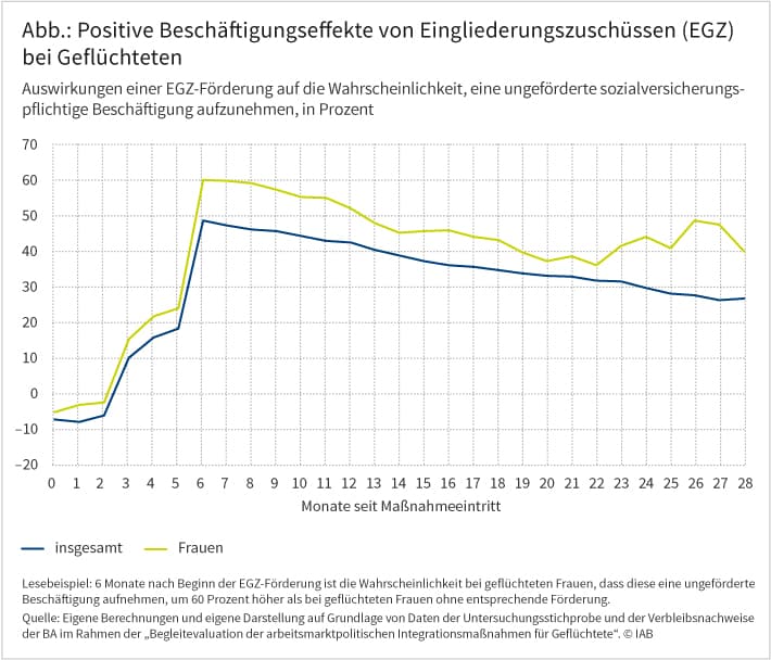 Die Abbildung zeigt die positiven Effekte von Eingliederungszuschüssen (EGZ) bei Geflüchteten auf die Wahrscheinlichkeit, eine ungeförderte sozialversicherungspflichtige Beschäftigung aufzunehmen, in Prozent. Die Wahrscheinlichkeit steigt in den ersten sechs Monaten nach Maßnahmeeintritt kontinuierlich. Der größte Anstieg findet zwischen dem zweiten und sechsten Monat statt (bis zu 60 Prozent), während der Effekt in den darauffolgenden Monaten (7 -28) wieder leicht abfällt. Bei Frauen ist der positive Effekt noch etwas stärker ausgeprägt. Quelle: Eigene Berechnungen und eigene Darstellung auf Grundlage von Daten der Untersuchungsstichprobe und der Verbleibsnachweise der BA im Rahmen der „Begleitevaluation der arbeitsmarktpolitischen Integrationsmaßnahmen für Geflüchtete“ © IAB