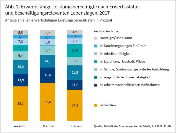 Erwerbsfähige Leistungsberechtigte nach Erwerbsstatus und beschäftigungsrelevanten Lebenslagen, 2017