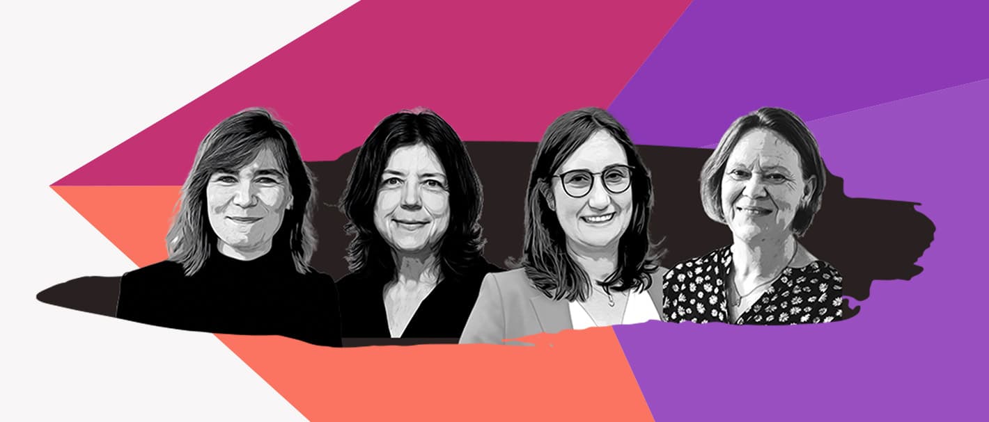 Das Bild zeigt die schwarz-weiß-Portraits der vier interviewten Frauen vor einem buntem Collage-Hintergrund