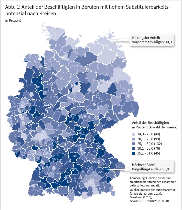 Abbildung 1: Anteil der Beschäftigten in Berufen mit hohem Substituierbarkeitspotenzial nach Kreisen