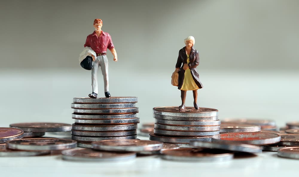 Zwei Miniatur-Figuren, ein Mann und eine Frau, stehen auf je einem Münzstapel, wobei der Münzstapel des Mannes höher ist, als der der Frau.